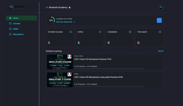 Dashboard Rootmail Academy con corsi Linux in corso