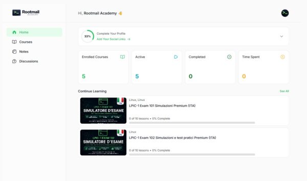 Dashboard Rootmail Academy con corsi Linux e progressi