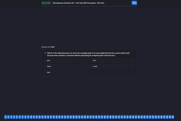 Schermata di simulazione esame Linux con domanda a scelta multipla